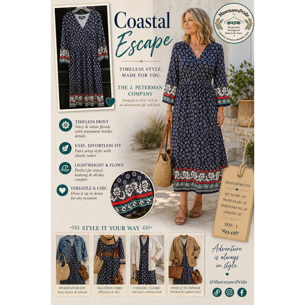 Coastal Escape | J. Peterman Floral Border Print Faux Wrap Midi Dress Size L